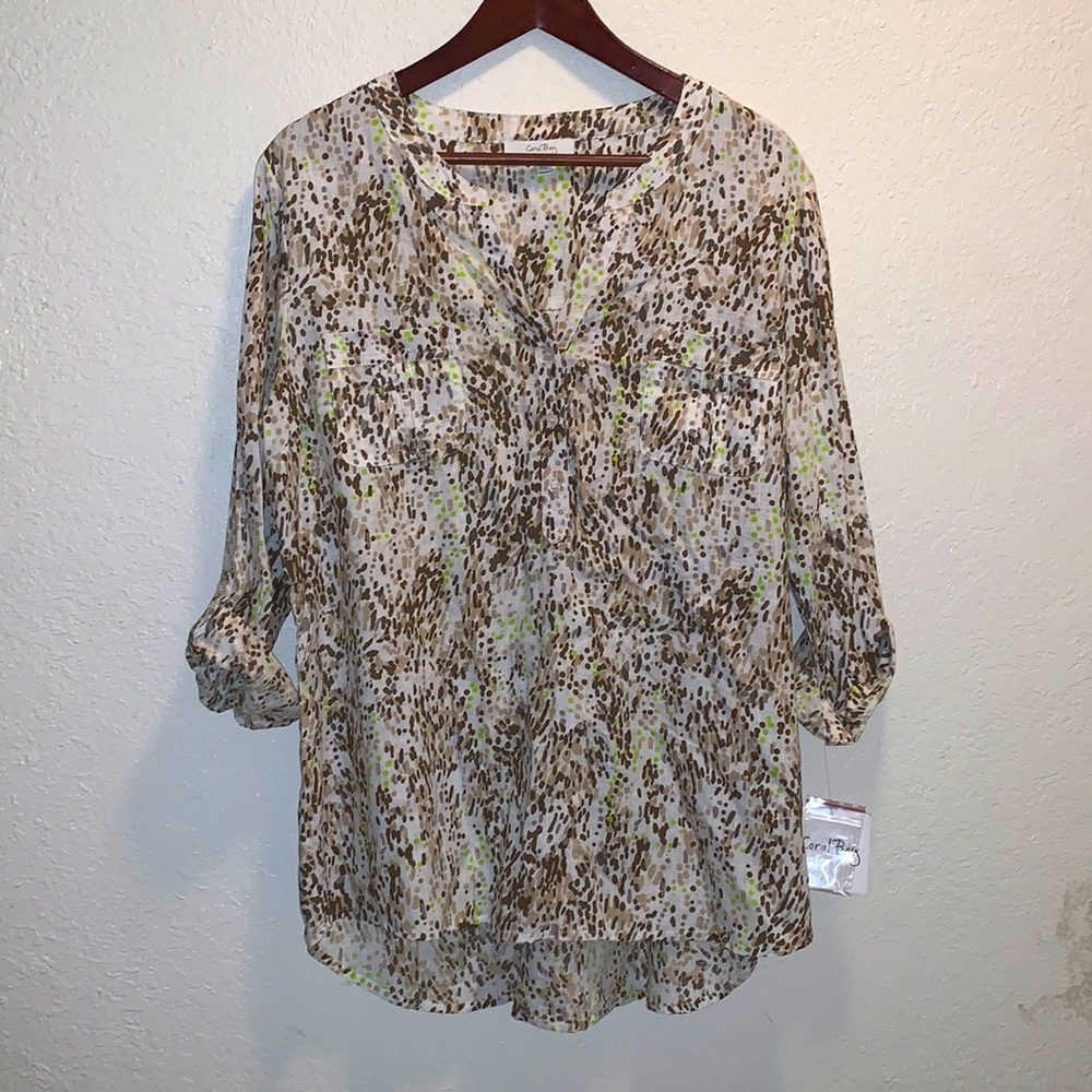 Coral Bay Beige, Brown & Lime Animal Print Blouse NWT
